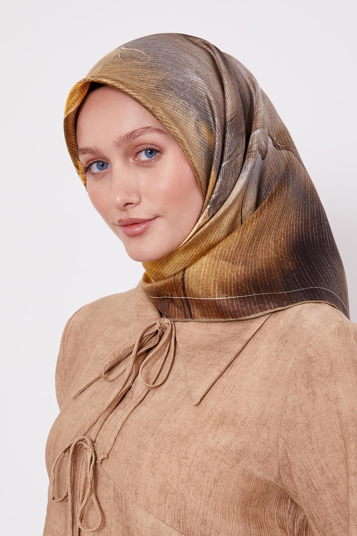 Yağ Yeşili Ebruli Desen Twill İpek Eşarp